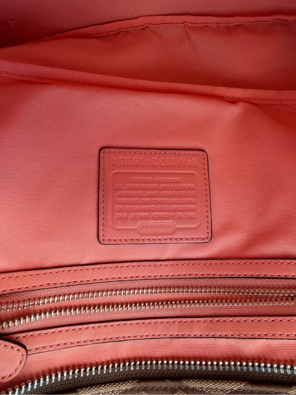 Coach Brown Signature Canvas Tote with Tan Trim and Pink Handle Accent